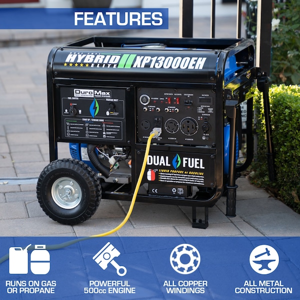 Duromax Portable Generator, Gasoline/Liquid Propane, 10,500 W/9,975 W Rated, 13,000 W/12,350 W Surge - XP13000EH