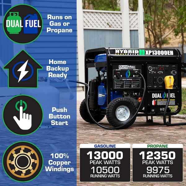 Duromax Portable Generator, Gasoline/Liquid Propane, 10,500 W/9,975 W Rated, 13,000 W/12,350 W Surge - XP13000EH