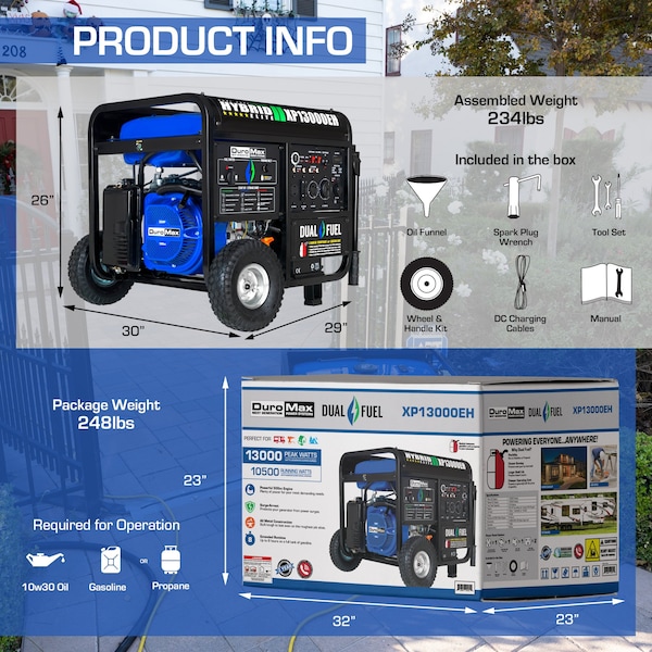 Duromax Portable Generator, Gasoline/Liquid Propane, 10,500 W/9,975 W Rated, 13,000 W/12,350 W Surge - XP13000EH