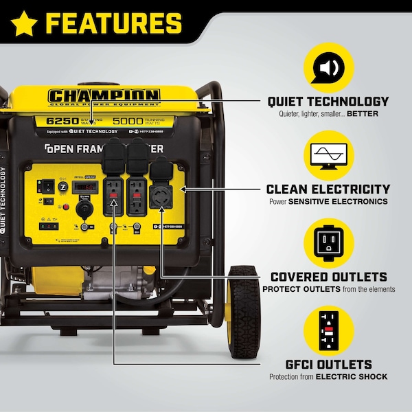 Champion Power Equipment Portable Open Frame Inverter Generator, CO Shield, 6250 Watt, EPA Certified and CARB Compliant - 100519