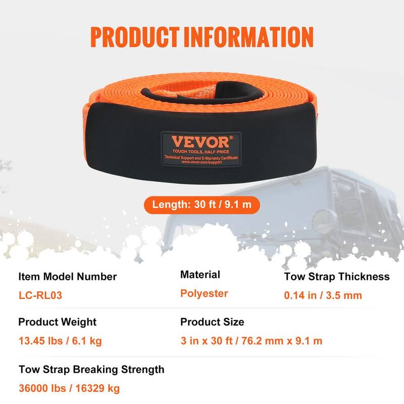VEVOR 30 in. Recovery Tow Rope 36000lbs. Heavy-Duty Off Road Snatch Strap Extreme Duty Energy Snatch Strap for Jeep Truck ATV - DZNL3IN30FTC2VVOJV0