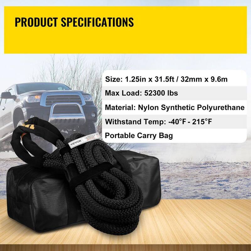 VEVOR 1-1/4 in. x 31.5 ft. Kinetic Recovery Rope 52,300 lbs. Heavy Duty Nylon Double Braided Energy Tow Rope w/Carry Bag,Black - JYSBHS5230032TQEEV0