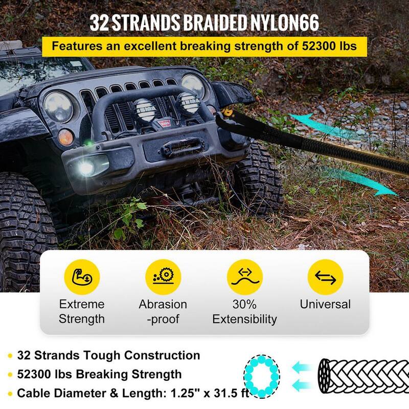 VEVOR 1-1/4 in. x 31.5 ft. Kinetic Recovery Rope 52,300 lbs. Heavy Duty Nylon Double Braided Energy Tow Rope w/Carry Bag,Black - JYSBHS5230032TQEEV0