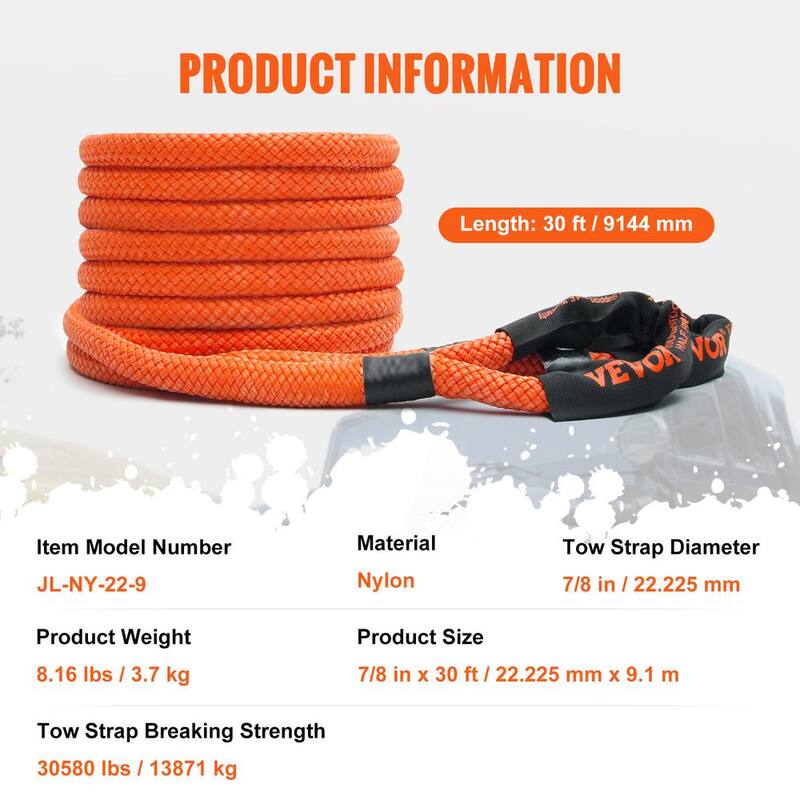 VEVOR 30 in. Recovery Tow Rope 30,580 lbs. Winch Strap Heavy-Duty Off Road Snatch Strap with 2 Shackles Energy Snatch Strap - SZNL30FT0875A8C5FV0