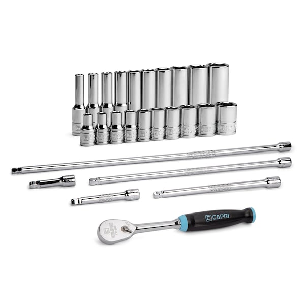 Capri Tools 1/4 in. Drive Master 6-Point Chrome Socket Set, 3/16 to 9/16 in., with Extension and Ratchet, 26-Pc - CP12110-26S-SET