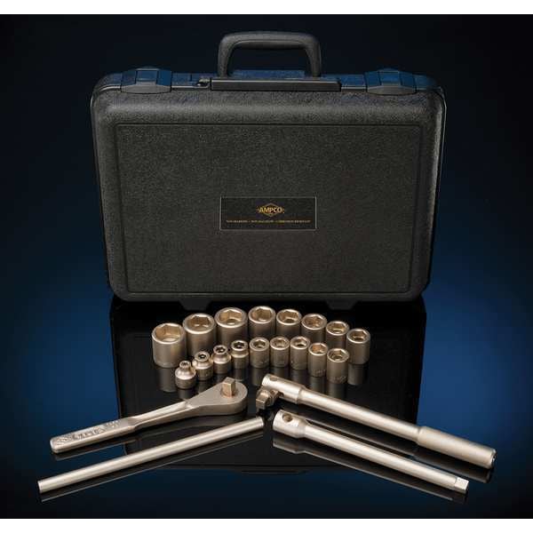 Ampco Safety Tools 1/4" Drive Socket Set SAE 12 Pieces 3/16 in to 9/16 in , Beryllium Copper Alloy Plated - W-160