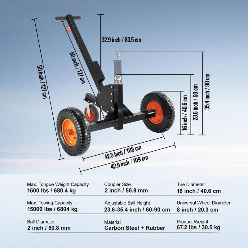 VEVOR Adjustable Trailer Dolly 1500 lbs. Trailer Mover with 23.6 - 35.4 in. Height and 2 in. Ball for Moving Car, RV, Trailer - TYSDQYCB1500325WUV0