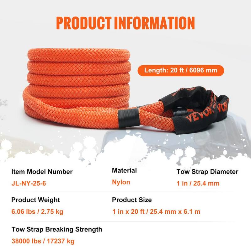 VEVOR 20 in. Recovery Tow Rope 38,000 lbs. Heavy-Duty Off Road Snatch Strap Extreme Duty Energy Snatch Strap for Truck, ATV - SZNL1IN20FT0HUP3WV0