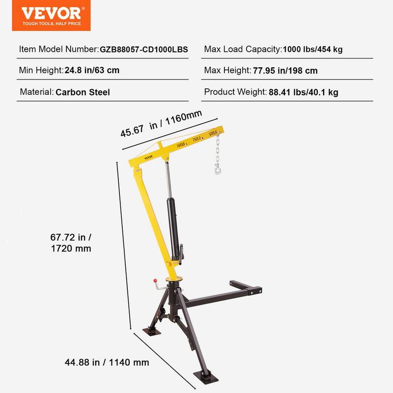 VEVOR Hydraulic Pickup Truck Crane 1000 lbs. Capacity 360° Swivel Hitch Mounted Crane for Lifting Goods in Construction - YYCZDJ1000LBSSO12V0