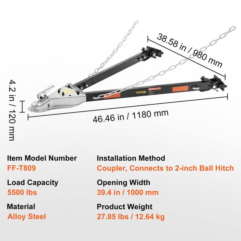 VEVOR Tow Bar 5,500 lbs. Towing Capacity with Chains Alloy Steel Bumper-Mounted Universal Towing Bar for 2 in. Ball Hitch - OHQLJB5500IB0C9B0V0