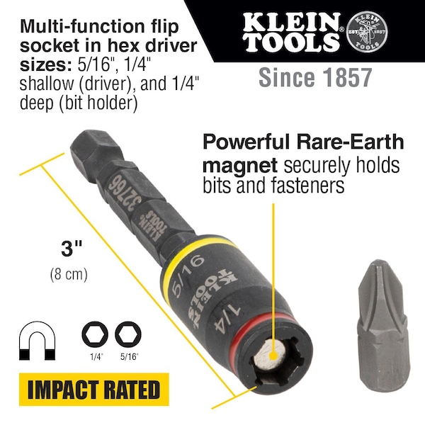 Klein Tools 3-in-1 Impact Flip Socket, 1/4-Inch, 5/16-Inch, 3-Inch Length - 32766