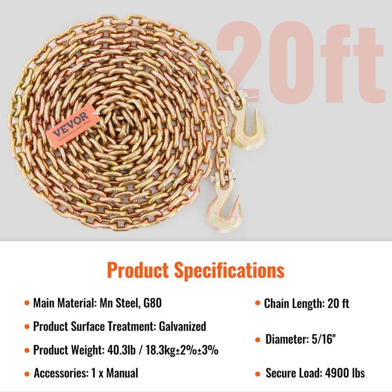 VEVOR Transport Binder Chain 4,900 lbs. Load Capacity G80 Tow Chain 5/16 in. x 20 ft. with Grab Hooks, 2-Pack - ZGTLJZMGDXZYJQB0WV0