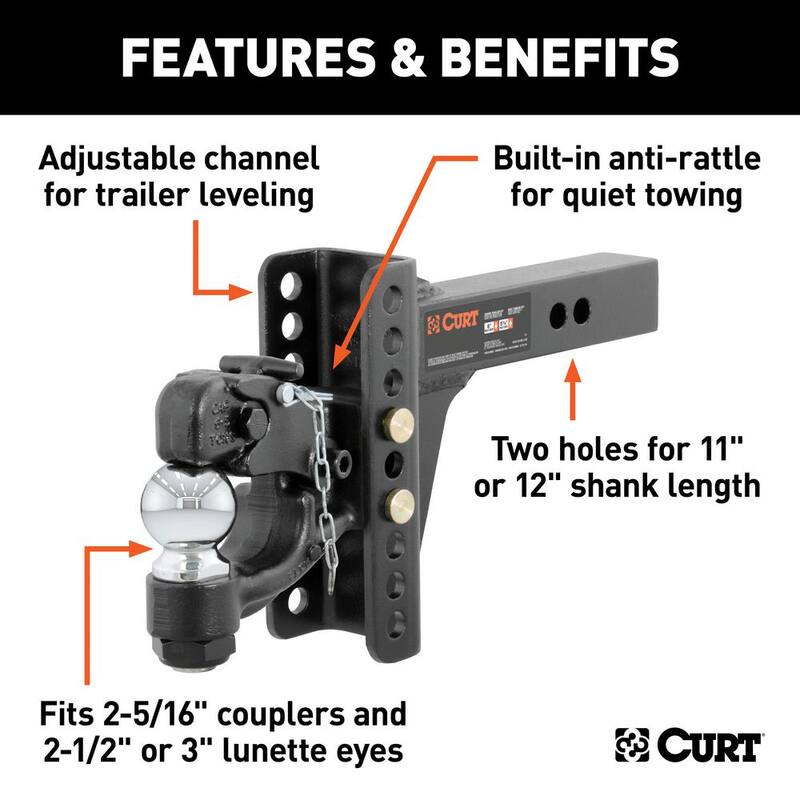 CURT 13,000 lbs. Adjustable Trailer Hitch Channel Mount Ball & Pintle Hook Combination with 2-5/16 in. Ball (2 in. Shank) - 45907