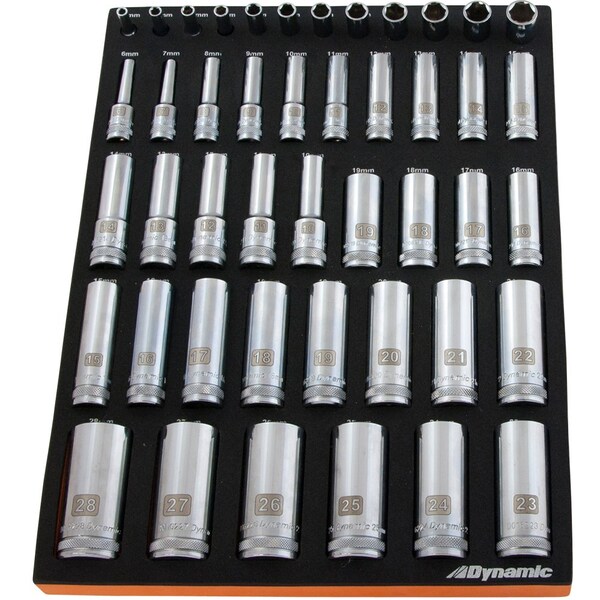 Dynamic 46Pcs 1/4”, 3/8”& 1/2”Dr Metric Deep Chrome Sckt Set W/ Tool Orgnzr - D096001-FT6T