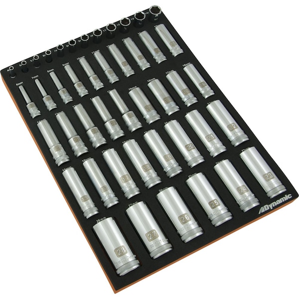 Dynamic 46Pcs 1/4”, 3/8”& 1/2”Dr Metric Deep Chrome Sckt Set W/ Tool Orgnzr - D096001-FT6T