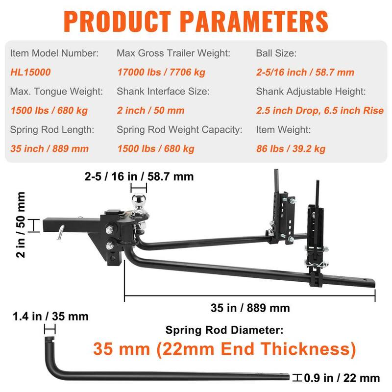 SKYSHALO Weight Distribution Hitch Kit 2 in. Shank Weight Distributing Hitch 2.5 in. Drop, 6.5 in. Rise (15K lbs., 35 in. Bars) - YBKZTCG7IN251IZFWV0-0619