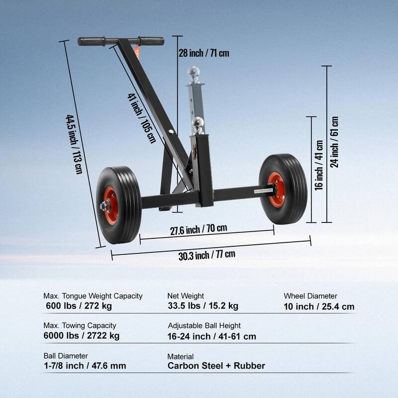 VEVOR Adjustable Trailer Dolly, 600 lbs. Tongue Weight Capacity, Carbon Steel Trailer Mover with 16-24 in. Adjustable Height - TYSDQYCBX6002IXQVV0-819
