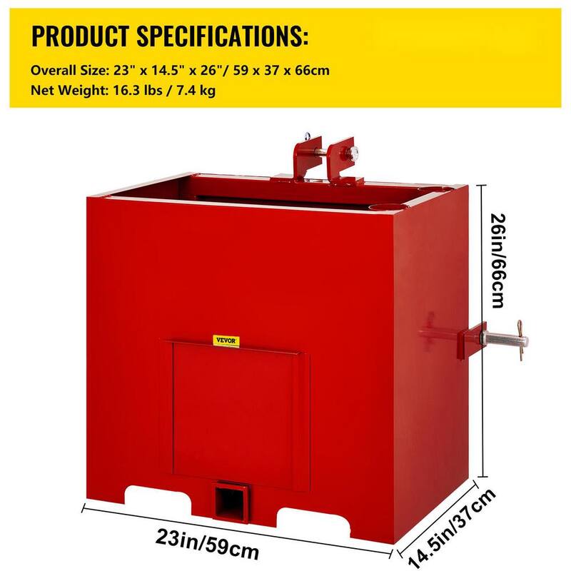 VEVOR 3-Point Ballast Box 800 lbs. Capacity Hitch Ballast Box 2 in. Hitch Receiver Tractor Ballast Box w/5 cu. ft. Volume, Red - YZXSD1L2YCRED0001V0