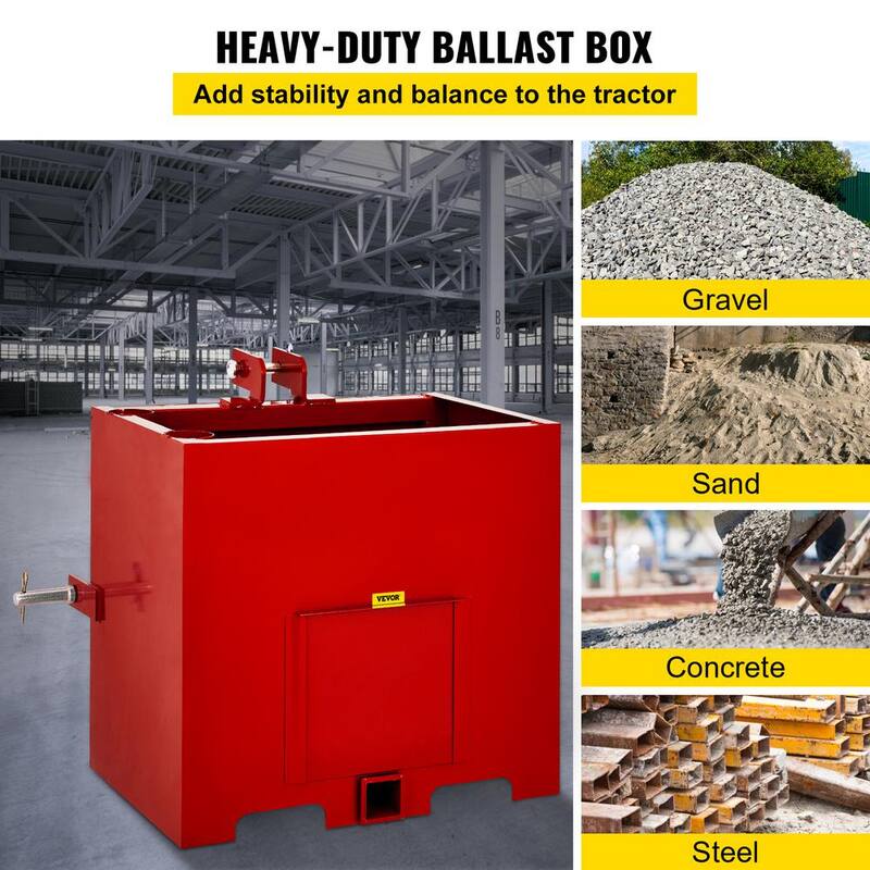 VEVOR 3-Point Ballast Box 800 lbs. Capacity Hitch Ballast Box 2 in. Hitch Receiver Tractor Ballast Box w/5 cu. ft. Volume, Red - YZXSD1L2YCRED0001V0