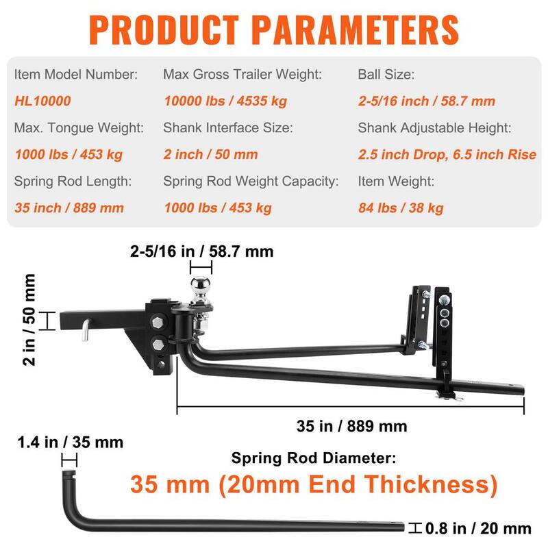 VEVOR Weight Distribution Hitch Kit 2 in. Shank Weight Distributing Hitch 2.5 in. Drop, 6.5 in. Rise (10K lbs., 35 in. Bars) - YBKZTCG7IN2517W6VV0