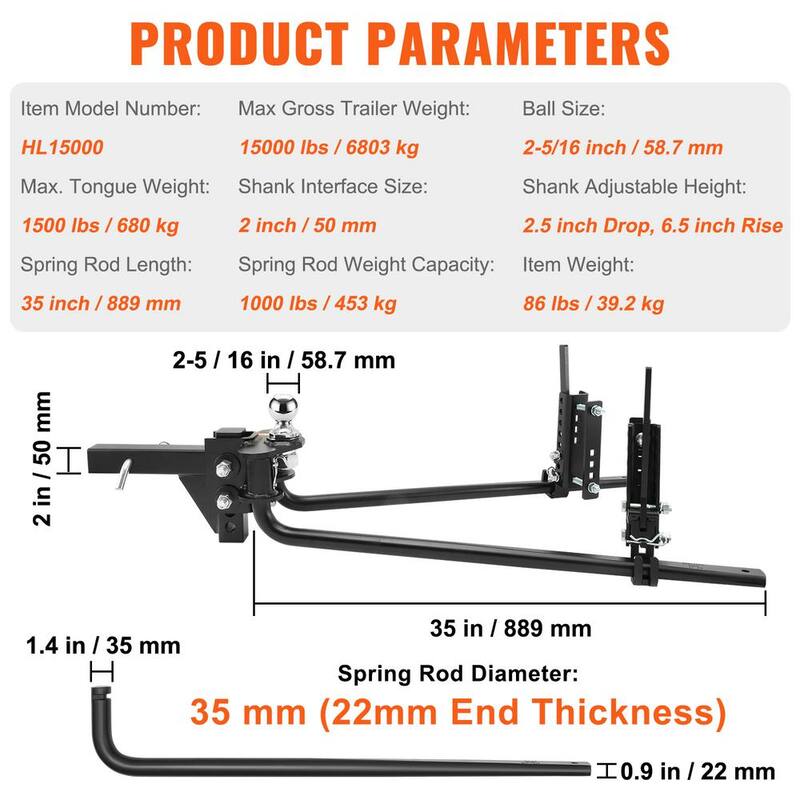 VEVOR Weight Distribution Hitch Kit 2 in. Shank Weight Distributing Hitch 2.5 in. Drop, 6.5 in. Rise (17K lbs., 35 in. Bars) - YBKZTCG7IN251IZFWV0