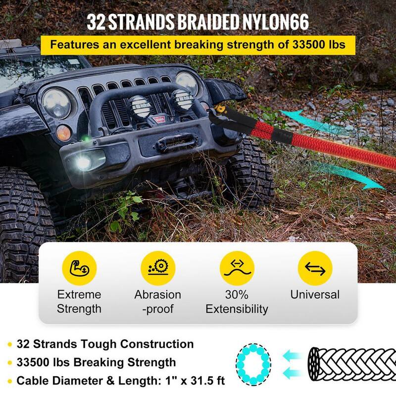 VEVOR 1 in. x 31.5 ft. Kinetic Recovery Energy Rope 33,500 lbs. Heavy Duty Tow Rope w/Carry Bag for Recovering Vehicles (Red) - JYSBCS3350025OA52V0