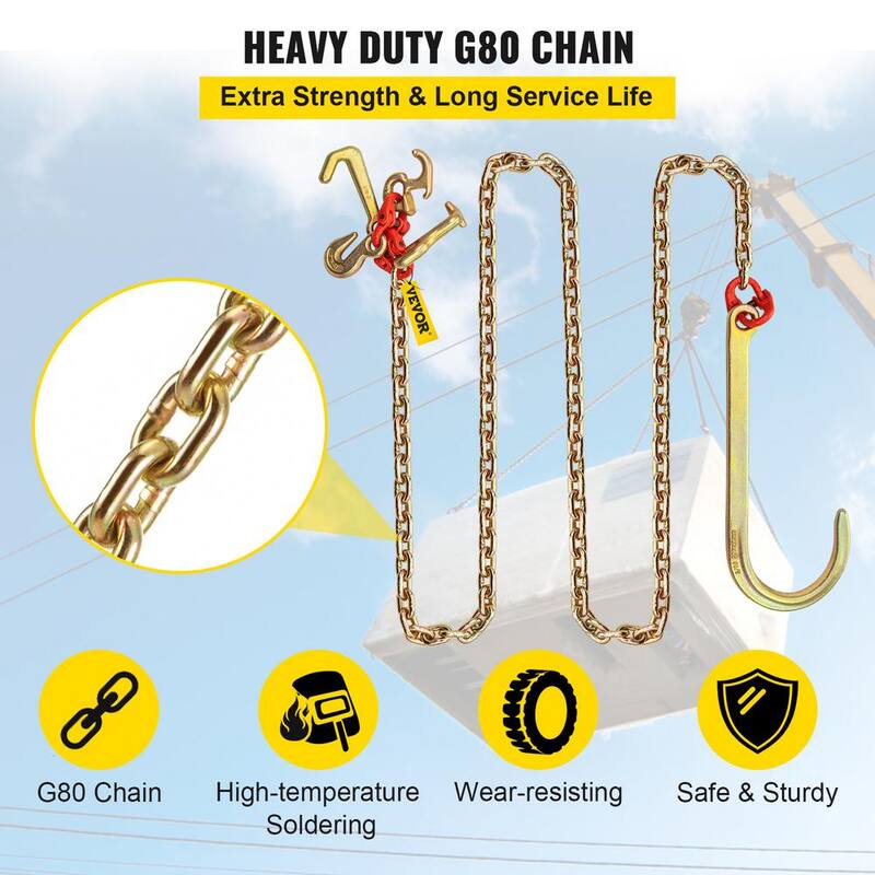 VEVOR 2PCS J Hook Bridle Tow Chain 10 ft. x 5/16 in. G80 Bridle Transport Chain 9260 Lbs. Load with 2 G70 J Hooks for Trucks - SZGLRTJ51610FT001V0