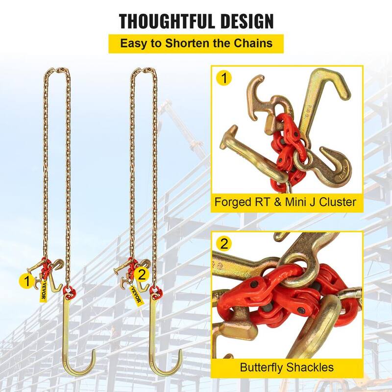 VEVOR 2PCS J Hook Bridle Tow Chain 10 ft. x 5/16 in. G80 Bridle Transport Chain 9260 Lbs. Load with 2 G70 J Hooks for Trucks - SZGLRTJ51610FT001V0