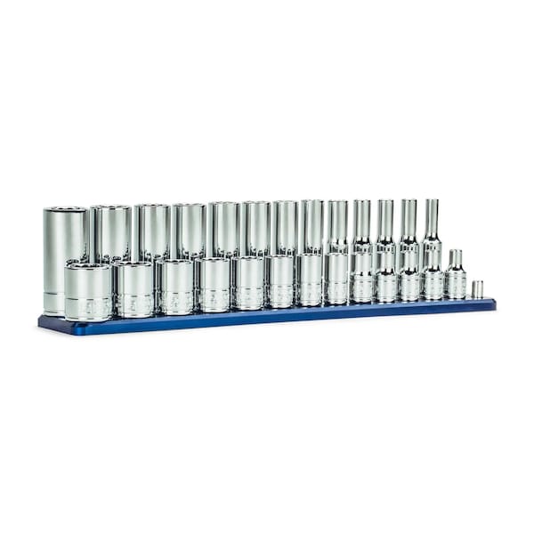Capri Tools 1/4in. Drive 12-Point Shallow Deep Socket Set, Metric, 4 15 mm, 26-Piece Billet Aluminum Socket Rail - CP16100-26MSDR