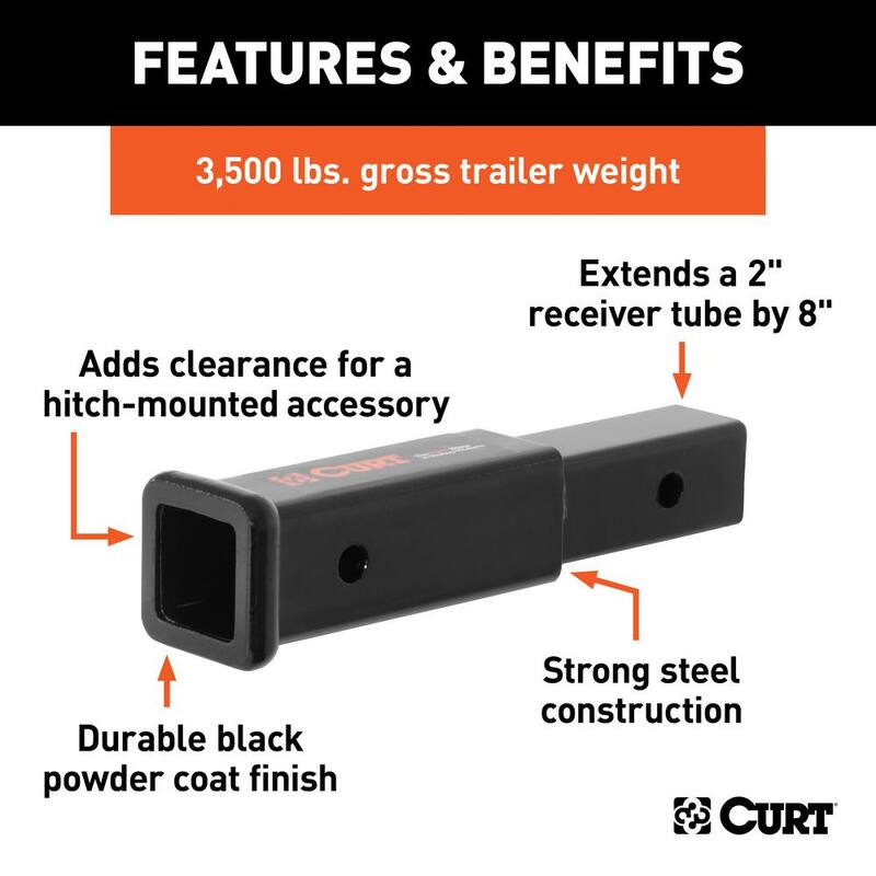 CURT 8 in. Receiver Tube Extender (2 in. Shank, 3,500 lbs.), Towing Draw Bar - 45791