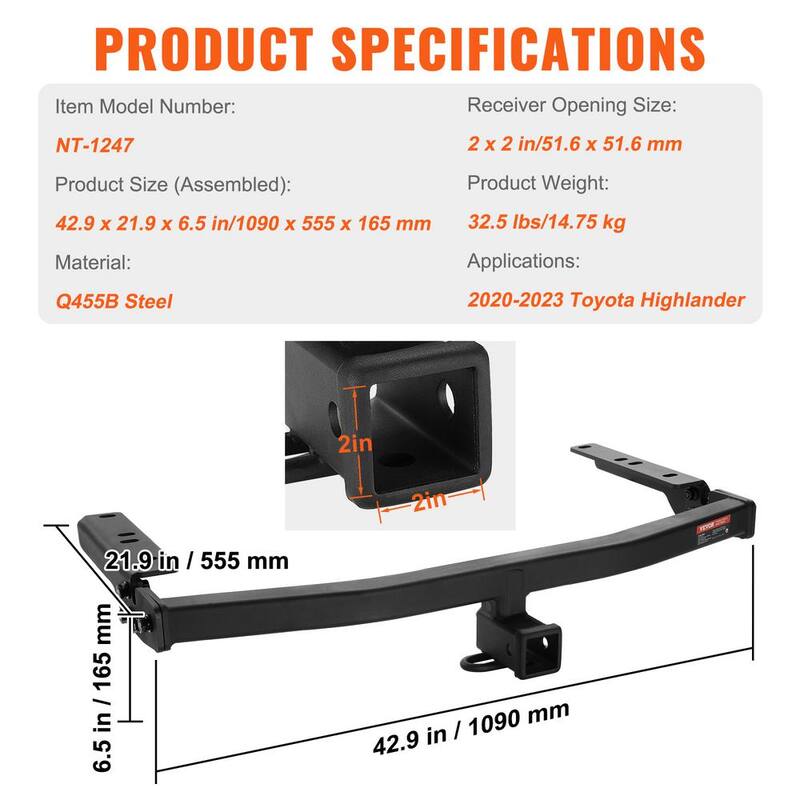 VEVOR Class 3 Trailer Hitch, 2 in. Receiver, Q455B Steel Tube Frame, Compatible with 2020-2023 Toyota Highlander, Black - GGLJQTG2YCTOVCHLXV0-730