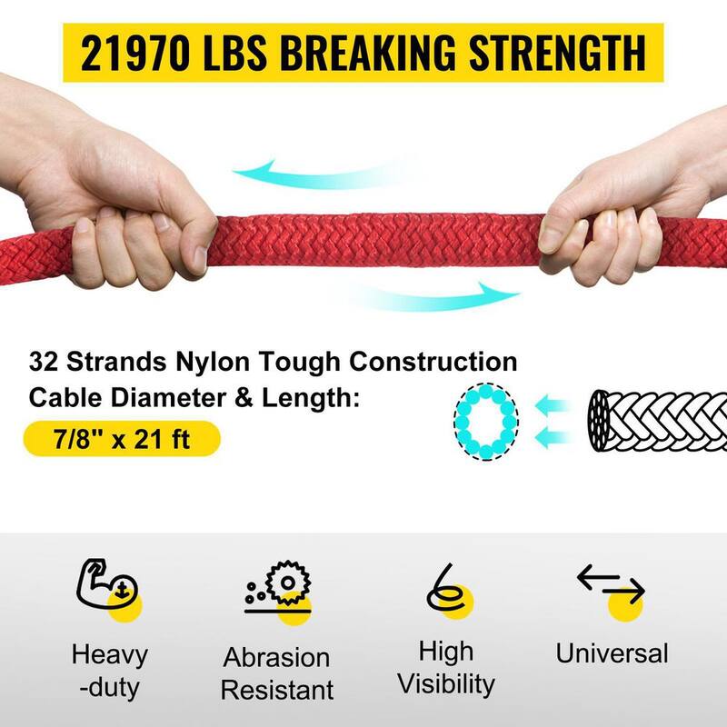 VEVOR 7/8 in. x 21 ft. Kinetic Recovery Rope 21,970 lbs. Heavy Duty Nylon Double Braided Kinetic Energy Rope w/ Carry Bag, Red - JYSBLS2197022UJK7V0