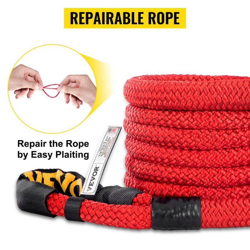 VEVOR 7/8 in. x 21 ft. Kinetic Recovery Rope 21,970 lbs. Heavy Duty Nylon Double Braided Kinetic Energy Rope w/ Carry Bag, Red - JYSBLS2197022UJK7V0