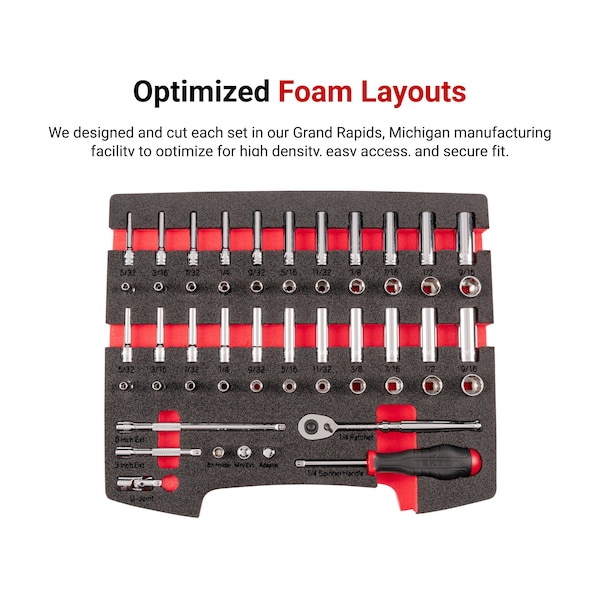 Tekton 52pc 1/4 In. Dr. 6 and 12-Pt Socket and Ratchet Set with Open Top Drawer and Rack 5/32-9/16 in. - OLB94301