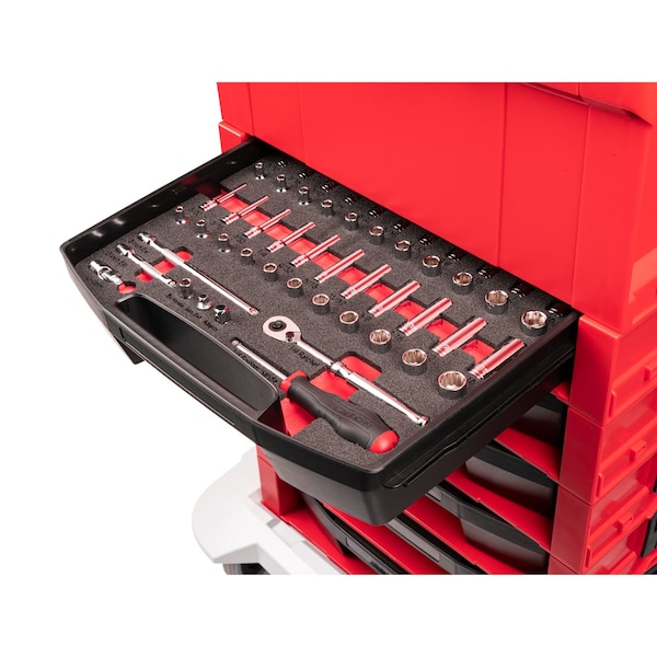 Tekton 52pc 1/4 In. Dr. 6 and 12-Pt Socket and Ratchet Set with Open Top Drawer and Rack 5/32-9/16 in. - OLB94301