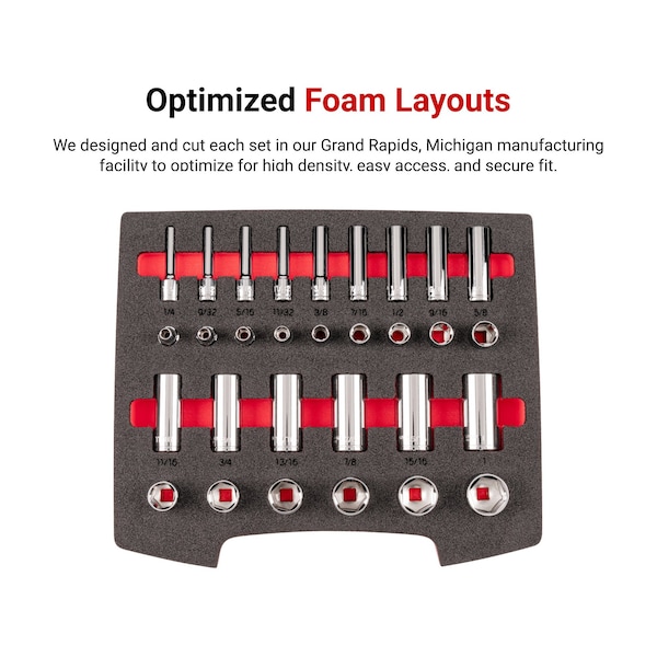 Tekton 3/8 Inch Drive 6-Point Socket Set with Open Top Drawer and Rack, 30-Piece 1/4-1 in. - OLB94305