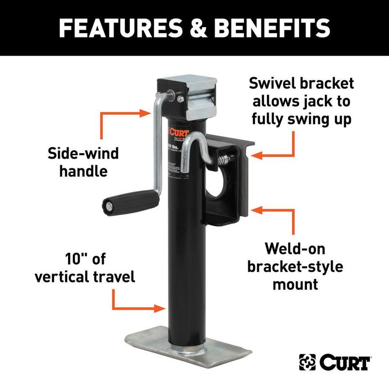 CURT Bracket-Mount Swivel Jack with Side Handle (2,000 lbs., 10" Travel) - 28302