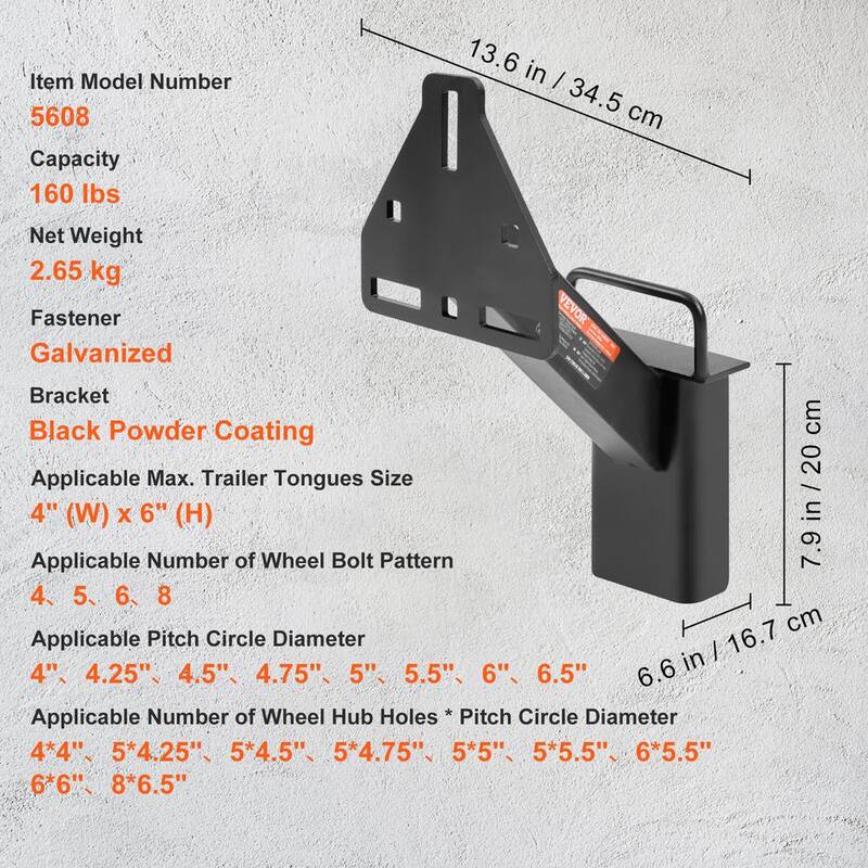 VEVOR Spare Tire Carrier 160 lbs. Trailer Kit Spare Tire Mount for Most 4 & 5 and 6 & 8 Lugs Wheels on 4 in. to 6.5 in. Bolt - BTCFJCK150LBSV8AWV0