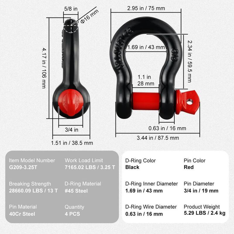 VEVOR 4 Alloy Steel Shackles Cable 13 T Break Strength 5/8 in. D-Ring Heavy Duty Recovery Shackl Tow Ropes Accessories Black - JPXKHSHJG58YAU684V0