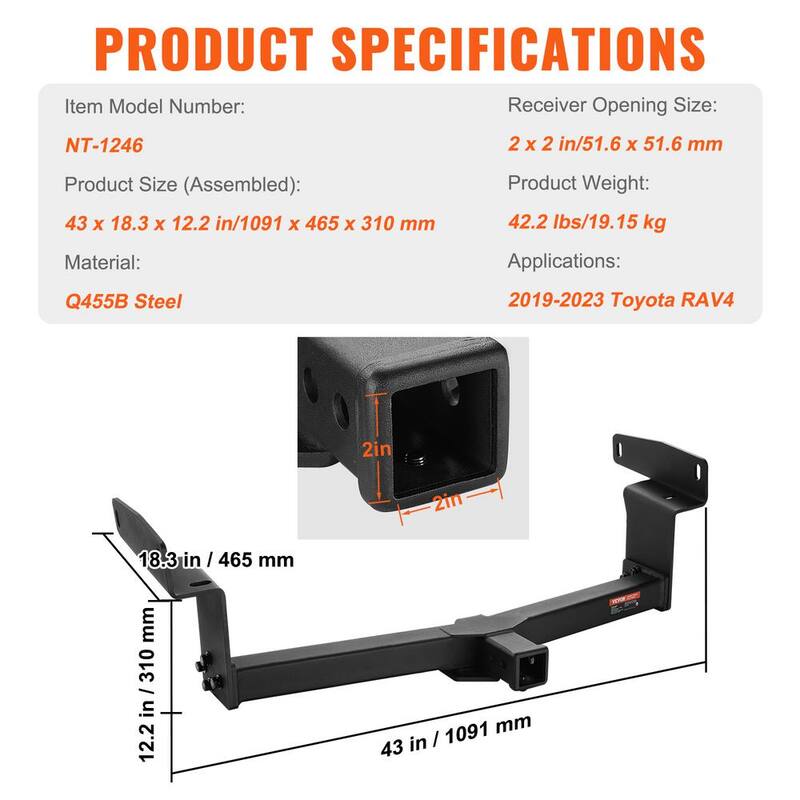 VEVOR Class 3 Trailer Hitch, 2 in. Receiver, Q455B Steel Tube Frame, Compatible with 2019-2023 Toyota RAV4,6000 lbs., Black - GGLJQTG2YCTOENR9TV0-730