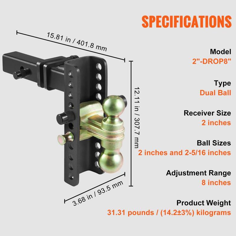 VEVOR Adjustable Trailer Hitch, 8 in. Drop and 6.5 in. Rise Hitch Ball Mount with 2 in. Receiver Solid Tube, 14,000 lbs. GTW - SQTQJTCB22259NAWHV0-726