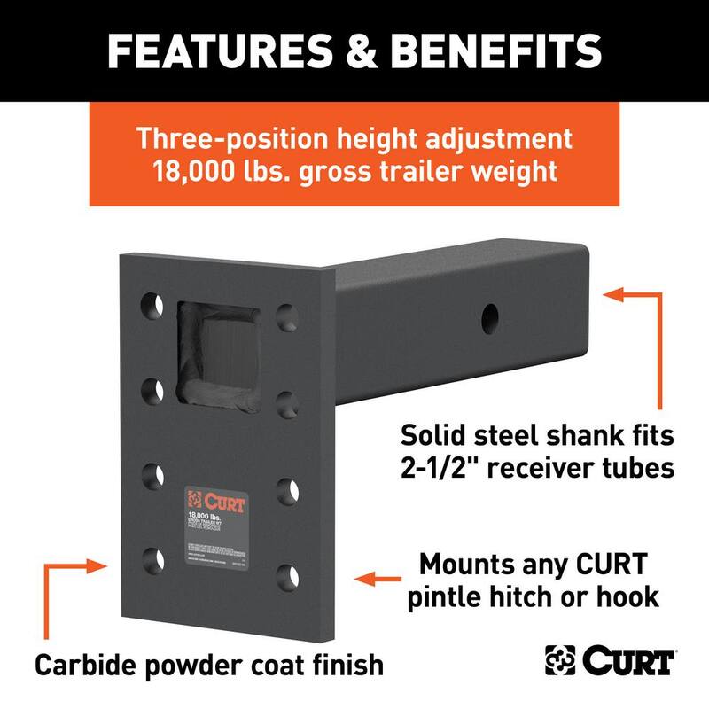 CURT Adjustable Pintle Mount (2-1/2 in. Shank, 18,000 lbs., 7 in. High, 8 in. Long) - 48329