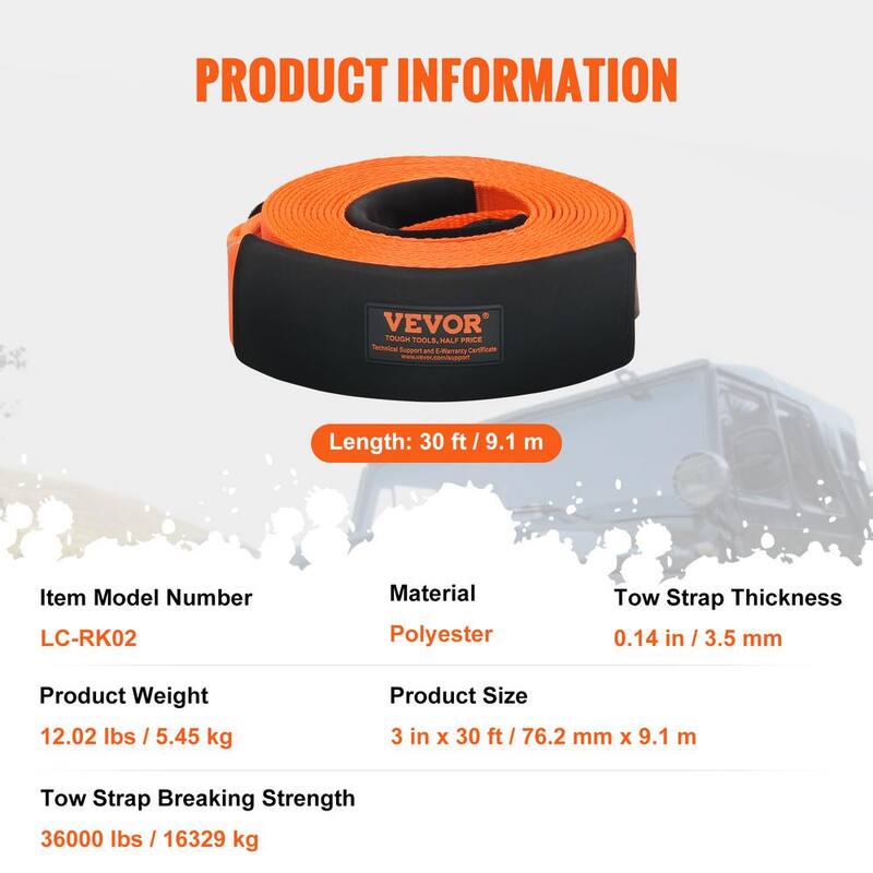 VEVOR 30 in. Recovery Tow Rope 36,000 lbs. Heavy-Duty Off Road Snatch Strap Extreme Duty Energy Snatch Strap for Truck ATV - DZDL3IN30FTJG2LACV0