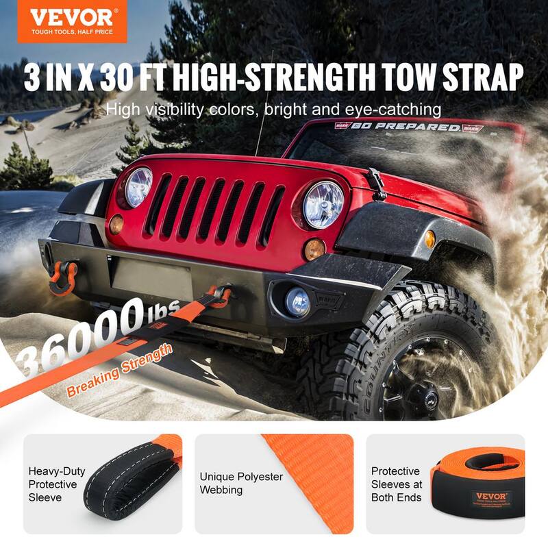 VEVOR 30 in. Recovery Tow Rope 36,000 lbs. Heavy-Duty Off Road Snatch Strap Extreme Duty Energy Snatch Strap for Truck ATV - DZDL3IN30FTJG2LACV0