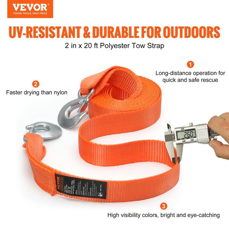 VEVOR ATV Car Tow Strap 20 ft 17000 lbs. with Safety Hooks Truck Tow Cable Car Recovery Rope Heavy Duty Towing Accessories - DZDL2IN20FTCRJ6IZV0