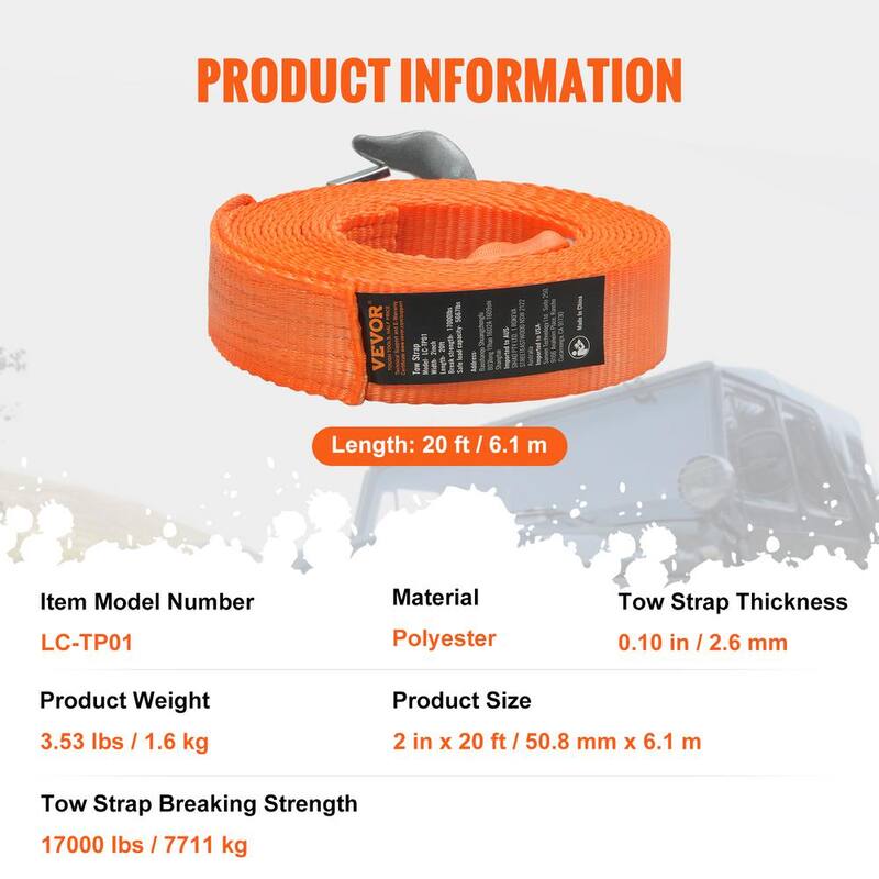 VEVOR ATV Car Tow Strap 20 ft 17000 lbs. with Safety Hooks Truck Tow Cable Car Recovery Rope Heavy Duty Towing Accessories - DZDL2IN20FTCRJ6IZV0