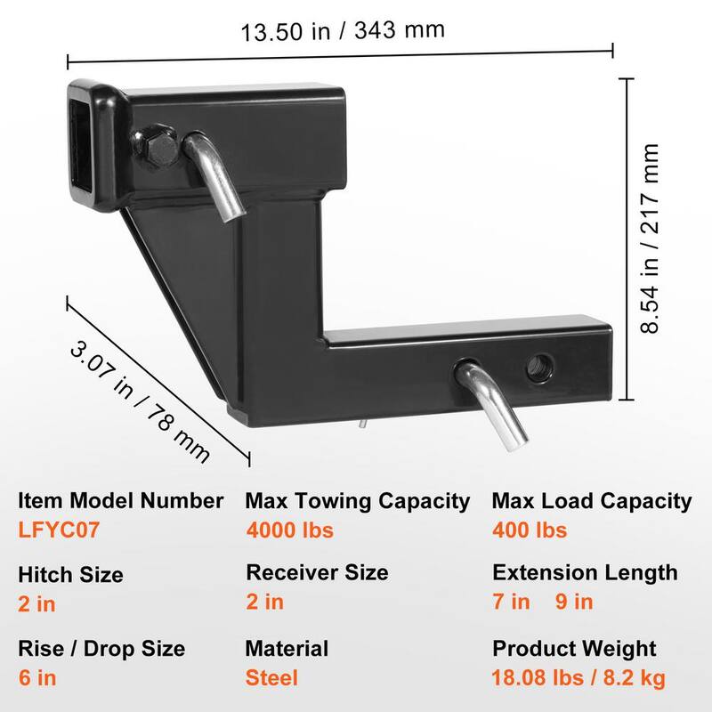 VEVOR Trailer Hitch Riser, for 2 in. Receiver with 6 in. Rise/Drop, Trailer Receiver Hitch Extender Extension Adapter, Black - TCYZSJGDK229U33NOV0-730