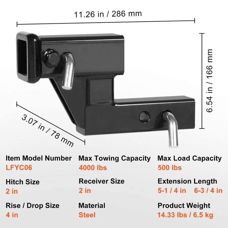 VEVOR Trailer Hitch Riser, for 2 in. Receiver with 4 in. Rise/Drop, Trailer Receiver Hitch Extender Extension Adapter, Black - TCYZSJGDK226MN6EVV0-730