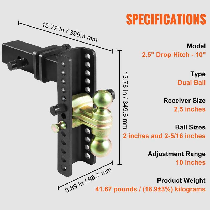 VEVOR Adjustable Trailer Hitch, 10 in. Drop and 8.5 in. Rise Hitch Ball Mount with 2.5 in. Receiver Solid Tube 14,500 lbs. GTW - SQTQJTCB2522KIQK5V0-726