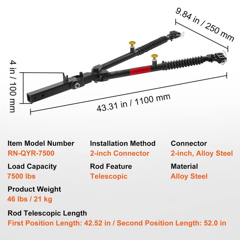 VEVOR Tow Bar Bumper Mount Tow Bar 7,500 lbs. Fits 2-in. Connector with Ropes Powder Coating Alloy Steel Bumper-Mounted - LJBKQYG7500LCMWOTV0